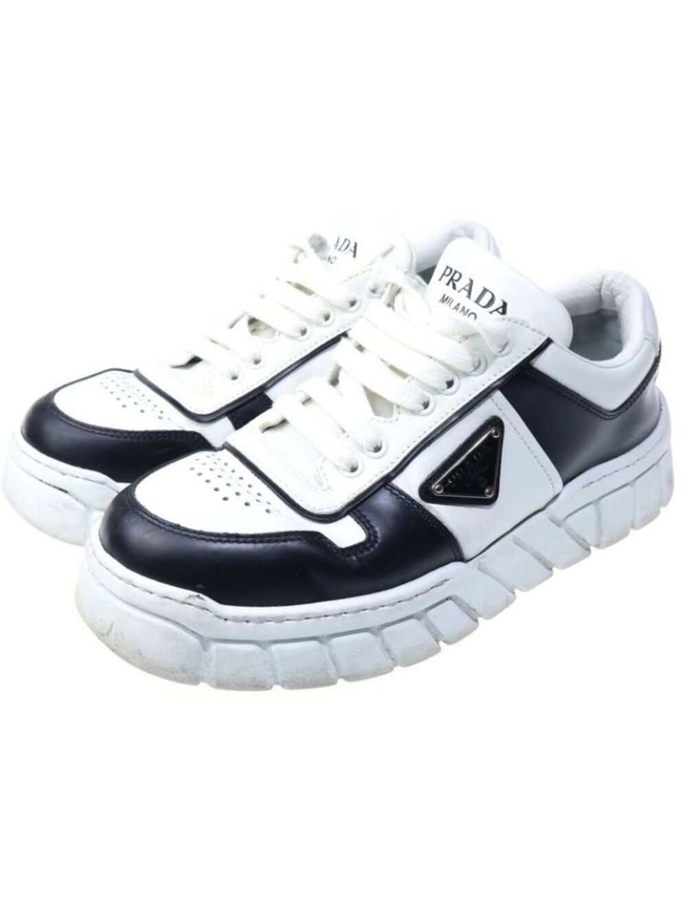 Prada Leather Lace Up Sneakers White Black - Picture 2 of 6